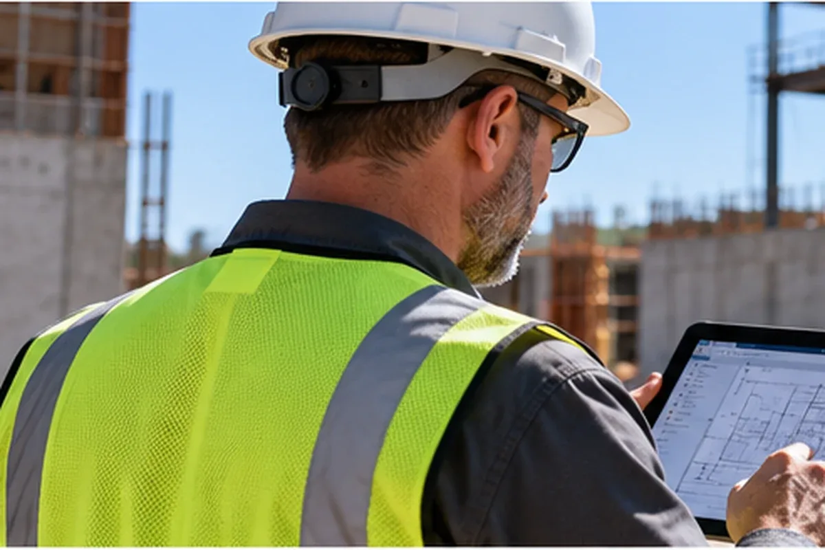 Project manager reviewing plans on a tablet at a job site