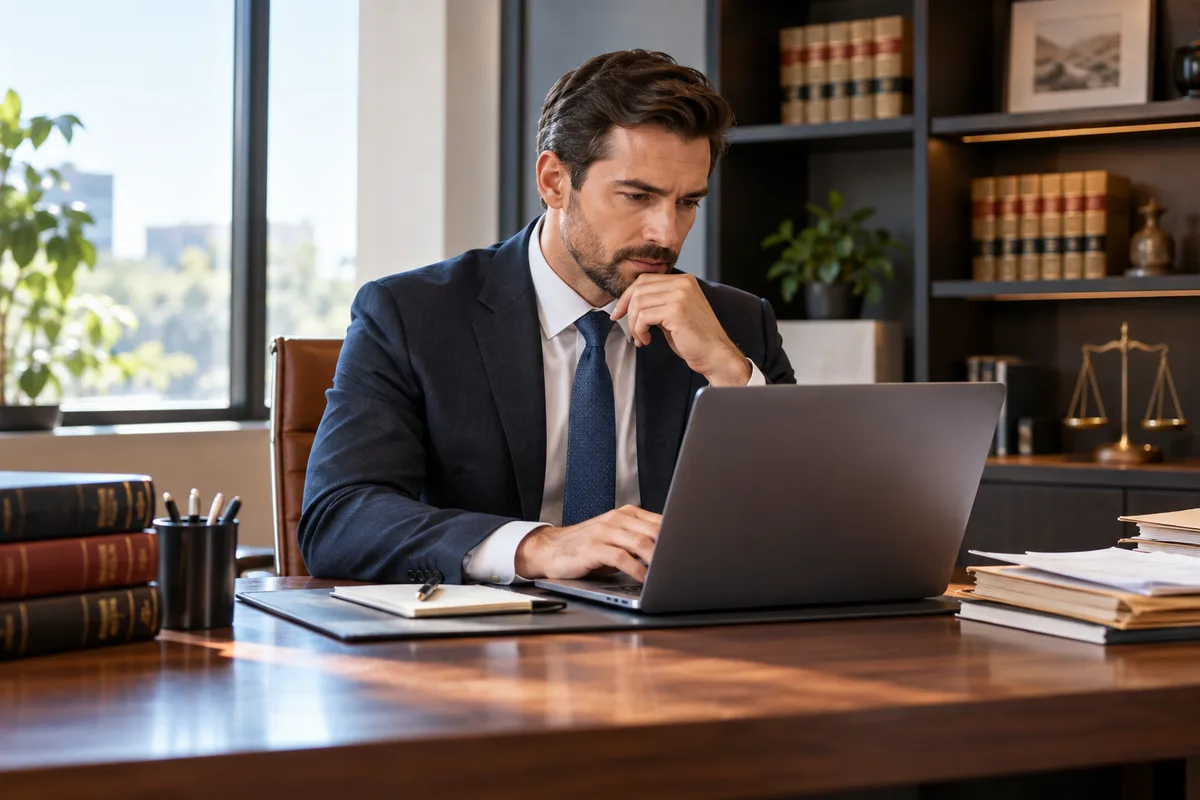 Attorney reviewing case files securely on a laptop