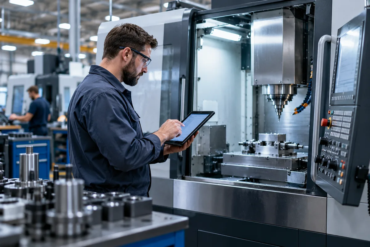 Machine operator reviewing production data on a tablet